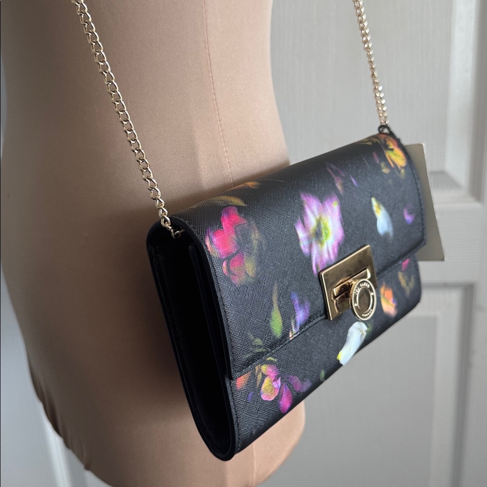 Ted Baker Floral Black Red Chain Clutch Parisa Leather Crossbody - Picture 8 of 13